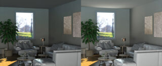 Aufgeteiltes Bild, das ein Wohnzimmer zeigt; linke Seite mit der Beschriftung „ohne Flec“ und gedämpfterem Licht, rechte Seite mit „mit Flec“ und hellerer, lebendigerer Beleuchtung.