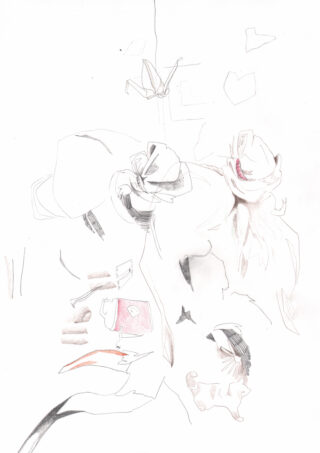 Eine minimalistische, abstrakte Bleistift- und Tuschezeichnung mit schwachen menschenähnlichen Formen, verstreuten Objekten und subtilen roten Akzenten auf weißem Hintergrund.