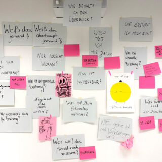 Eine Wand voller weißer und rosafarbener Zettel mit handschriftlichen Fragen und Aussagen in deutscher Sprache zu Forschung und Wissen.