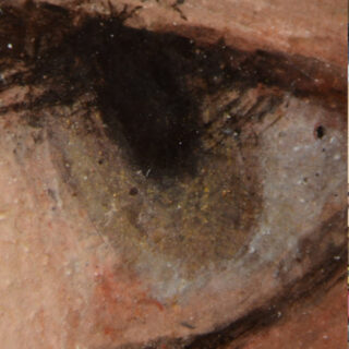 Nahaufnahme eines gemalten menschlichen Auges mit sichtbaren Pinselstrichen, die Details in der Iris, dem Augenlid und den umgebenden Hauttönen zeigen.