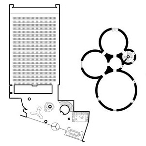 Schwarzweißer architektonischer Grundriss, der einen rechteckigen Hörsaal mit Sitzplätzen auf der linken Seite und eine Gruppe runder Räume auf der rechten Seite zeigt.