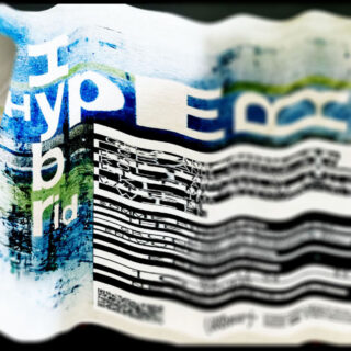 Ein verzerrtes Produktetikett mit dem Wort „Hybrid“ in großer Schrift und welligen schwarz-weißen Barcode- und Textelementen.