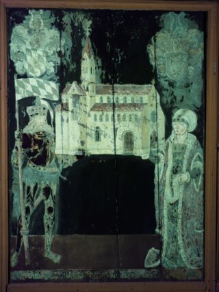 Das verblasste Gemälde zeigt einen Ritter, der eine karierte Flagge hält, und eine Frau im Gewand, mit einem großen Gebäude und zwei Wappen im Hintergrund.