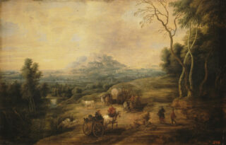 Eine ländliche Landschaft mit Wagen und Reisenden auf einem Feldweg, grasendem Vieh und fernen Hügeln unter einem sanften, bewölkten Himmel.