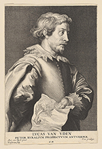 Schwarzweißporträt eines Mannes im Profil mit welligem Haar, der ein Hemd mit Kragen trägt und ein Blatt Papier hält; der Text unten lautet „Lucas Van Uden“.