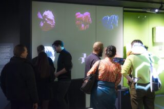 Eine Gruppe von Menschen steht in einem Ausstellungsraum vor einer digitalen Anzeige, auf der bunte abstrakte Formen an die Wand projiziert werden.
