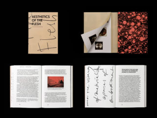 Fünf Bilder des Buches „Ästhetik des Fleisches“, die den Einband, die Innenklappe, die dekorative Innenseite und zwei offene Doppelseiten mit Text und Fotos zeigen.