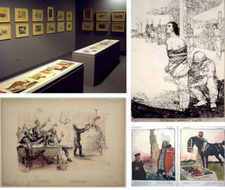 Kunstausstellungsraum mit gerahmten Zeichnungen an Wänden und Vitrinen sowie drei historischen Illustrationen, die Szenen von Konflikten und Hinrichtungen zeigen.