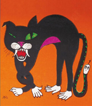 Illustration einer gewölbten schwarzen Katze mit gefletschten Reißzähnen, grünen Augen und einem Schwanz, der einer grün-schwarzen Schlange mit weißem Schlangenkopf ähnelt, vor einem orangefarbenen Hintergrund.