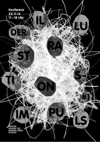 Schwarz-weißes Poster mit abstrakten weißen Kritzeleien, schwarzen Kreisen mit Buchstaben und Veranstaltungsdetails in deutscher Sprache für eine Konferenz am 25. November 2014 in Stuttgart.