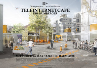 Menschen interagieren in einem urbanen Aussenraum mit modernen Gebäuden, einem Spielplatz und Marktständen. Veranstaltungsdetails zum Vortrag „Teleinternetcafe Urs Kumberger“ sind eingeblendet.