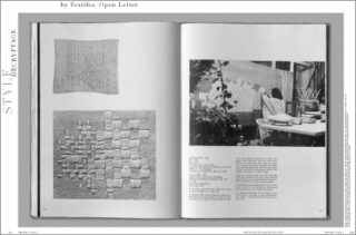 Eine Magazinseite zeigt auf der linken Seite strukturierte Textilmuster und auf der rechten Seite ein Schwarzweißfoto einer Tischdekoration im Freien mit begleitendem Text.