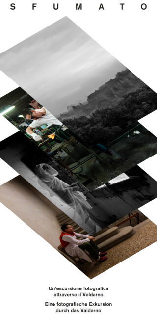 Eine Collage aus vier diagonalen Fotos – Landschaft, Stadtszene, Person im Regenmantel und sitzender Mann – wirbt für einen Fotoausflug ins Valdarno, mit Text auf Italienisch und Deutsch.