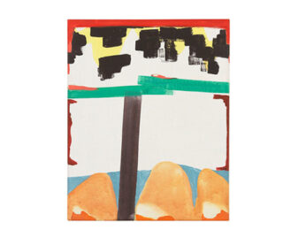 Abstraktes Bild, grüne und schwarze Aquarell-Streifen und roter Rahmen oben.