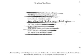 Ein deutscher Textabschnitt mit mehreren schwarz durchgestrichenen Zeilen, den Nummern 70 und 80, darunter Ausstellungs- und Theaterdetails.