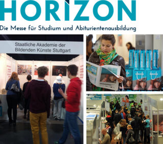 Collage der Teilnehmer der Horizon, einer Messe für Studium und Abitur in Stuttgart, mit Messeständen, Broschüren und Studierendengruppen.