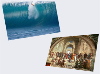 Im oberen Bild surft eine Person auf einer großen Meereswelle; das untere Bild zeigt ein berühmtes Renaissance-Gemälde von Philosophen in einer architektonischen Kulisse.