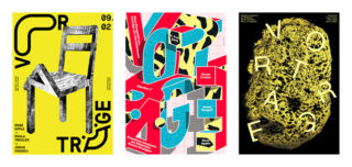 Drei grafische Poster mit fettem, überlappendem Text und abstrakten Designs in Gelb, Schwarz, Rot und Blau. Jedes Poster verwendet experimentelle Typografie und geometrische Elemente.