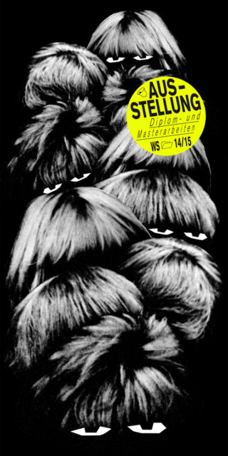 Schwarz-weiße Abbildung überlappender, pelziger, perückenartiger Objekte mit weißen rechteckigen Formen darunter; ein gelbes Etikett wirbt in deutscher Sprache für eine Diplom- und Masterausstellung.