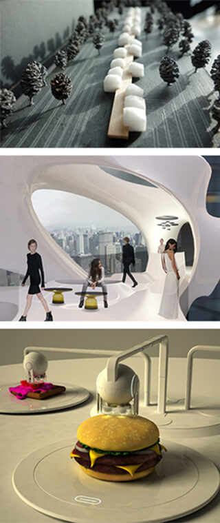 Eine Collage aus drei futuristischen Szenen: ein Architekturmodell mit Bäumen, Menschen in einem modernen, geschwungenen Raum mit Blick auf eine Stadt und Roboterarme, die Essen auf Tellern anrichten.