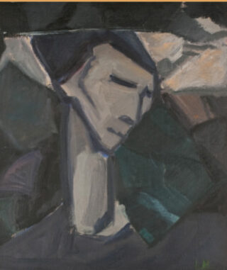 Abstraktes Gemälde einer Figur mit langem Hals und geneigtem Kopf, dargestellt in gedämpften Grau-, Schwarz- und Dunkelgrüntönen, mit scharfen, eckigen Formen.