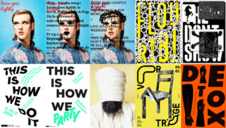 Eine Collage aus acht auffälligen, modernen Grafikdesign-Postern mit verschiedenen Veranstaltungstiteln, Daten und abstrakten visuellen Elementen in leuchtenden Farben und mit hohem Kontrast.