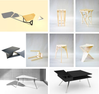 Ein Raster aus acht modernen, minimalistischen Tischen und Hockern aus Holz oder Metall, jeder mit geometrischen Formen und klaren Linien, einzeln vor schlichten Hintergründen präsentiert.