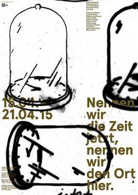 Schwarz-weiße Abbildung von Glaskuppeln mit deutschem Text in Gold, einschließlich der Daten „15.04–21.04.15“ und Sätzen zu Zeit und Ort.