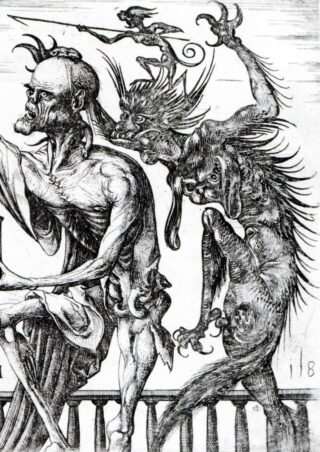 Eine Skizze eines ausgemergelten Mannes, umgeben von fantastischen Kreaturen, darunter eine kleine geflügelte Figur und gehörnte, tierähnliche Wesen mit übertriebenen Gesichtszügen.