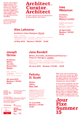Veranstaltungsplakat mit Daten, Uhrzeiten, Referenten und Themen der Vortragsreihe „Architekt als Kurator“ im Jahr 2015, mit Text in Rot und Schwarz auf weißem Hintergrund.