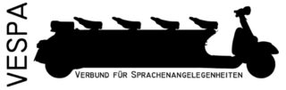 Schwarze Silhouette eines länglichen Vespa-Rollers mit vier Sitzen, unten in deutscher Sprache mit „VESPA“ und „Verbund für Sprachenangelegenheiten“ beschriftet.