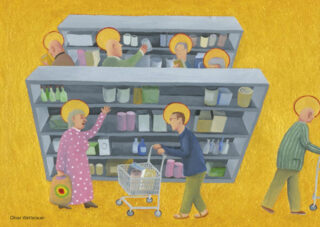 Käufer mit Heiligenscheinen stöbern in einem hell erleuchteten Gang eines Lebensmittelladens; die Regale sind mit verschiedenen Haushaltsprodukten gefüllt.