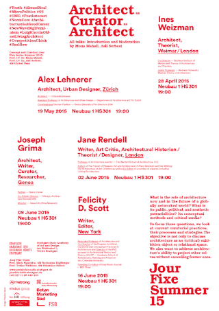 Poster mit roter Textliste der Vorträge zu „Architekt als Kurator“ mit Sprechern, Daten, Uhrzeiten und Orten für die Veranstaltungsreihe Jour Fixe Sommer 15.