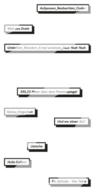 Eine Reihe schwarzer, weißer und grauer Textfelder mit deutschen Phrasen sind über einen schlichten weißen Hintergrund verstreut.