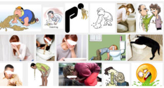 Eine Collage aus Illustrationen und Fotos, die Menschen und ein Tier zeigen, die in Toiletten oder Waschbecken erbrechen, wobei einige Gesichter aus Gründen der Privatsphäre unkenntlich gemacht sind.