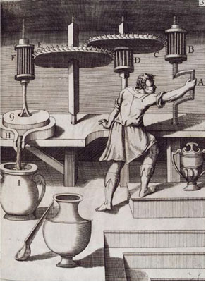 Ein Mann bedient ein frühes mechanisches Gerät mit Zahnrädern und Gefäßen und überträgt Flüssigkeit von einem Behälter in einen anderen.