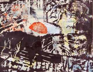 Abstraktes Gemälde mit geschichteten Texturen, schwarzen und gelben eckigen Formen und einem zentralen orangeroten Halbkreis, der an einen Regenschirm erinnert, inmitten blauer und blasser Waschungen.