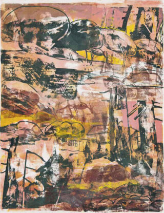 Abstraktes Gemälde mit geschichteten Erdtönen in Braun, Gelb, Rosa und Schwarz, mit Formen, die an Bäume, Hügel und ein kleines Haus inmitten dynamischer Pinselstriche erinnern.