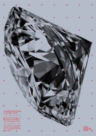 In der Mitte befindet sich ein großer, facettierter Diamant auf einem grauen Hintergrund mit einem Raster aus kleinen roten Punkten und rotem Text auf Deutsch in der Nähe der unteren linken und rechten Ecken.