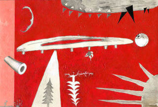 Abstraktes Kunstwerk mit rotem Hintergrund, grauen und weißen geometrischen Formen, einer Mondsichel, einer Kiefer, einer stacheligen Wolke, einem kreisförmigen Objekt und einem dreieckigen Scheinwerfer.