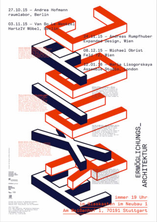 Poster mit fettem 3D-Text „LEVEL“ in Rot und Blau, auf dem Daten, Namen und Orte von Vorträgen und Veranstaltungen zum Thema Architektur in Deutschland und Österreich aufgeführt sind.