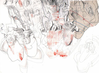 Abstrakte Bleistift- und Tuschezeichnung mit überlappenden menschlichen Figuren, organischen Formen, roten Punktmustern und skizzenhaften Linien auf weißem Hintergrund.