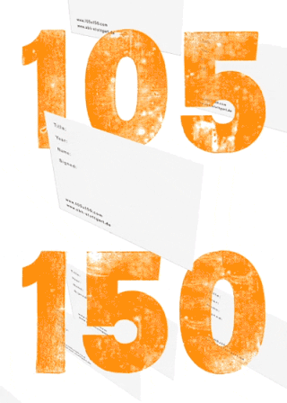 Große orangefarbene Zahlen „105“ und „150“ auf weißen Karten mit schwarzen Textfeldern für Titel, Jahr, Name und Unterschrift vor weißem Hintergrund.