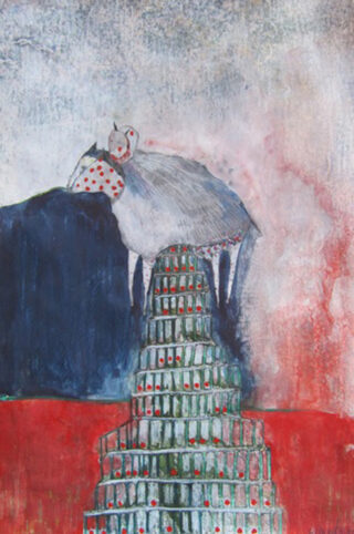 Eine Figur mit gepunktetem Kopf und grauem Umhang sitzt auf einem blauen Berg, über den sich eine mehrstufige, zylindrische Struktur nach oben über einen roten Vordergrund erstreckt.