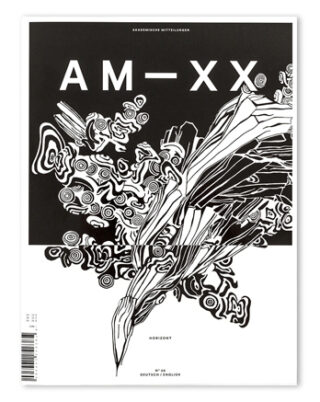 Magazincover mit dem Text „AM—XX“ oben, abstrakter Schwarz-Weiß-Grafik in der Mitte und zusätzlichem Text in Deutsch und Englisch unten.