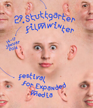 Plakat für das 29. Stuttgarter Filmwinter-Festival für Expanded Media mit einer Collage aus Gesichtern und Veranstaltungsdetails in blauer Schrift.
