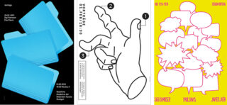 Drei Grafikposter: das erste mit überlappenden blauen Rechtecken auf Schwarz, das zweite mit einer stilisierten Handstrichzeichnung auf Weiß und das dritte mit roten Sprechblasen auf Gelb.