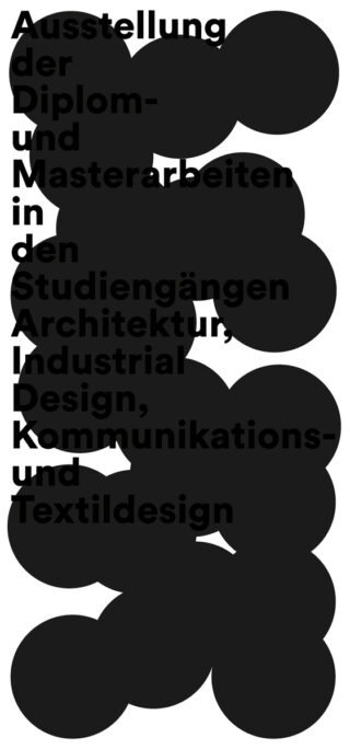 Schwarzer deutscher Text über eine Abschlussausstellung ist auf gruppierte schwarze Kreise auf weißem Hintergrund gelegt.