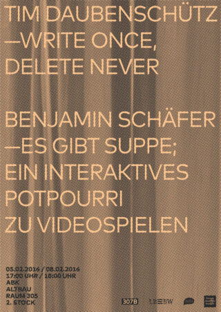 Poster mit Text, der Veranstaltungsinformationen zu Vorträgen von Tim Daubenschütz und Benjamin Schäfer anzeigt, darunter Titel zum Thema Schreiben und Videospiele, auf einem strukturierten beigen Hintergrund.