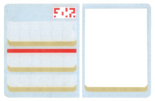 Leere Ausweisvorlage mit mehreren rechteckigen Feldern für Informationen, einem roten Barcode oben und einem großen leeren Platz rechts für ein Foto.